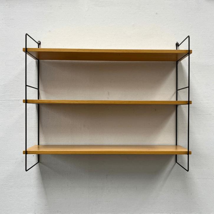 Vintage wandrek zwart draadstaal, 3x houten plank, Huis en Inrichting, Woonaccessoires | Wandplanken en Boekenplanken, Gebruikt
