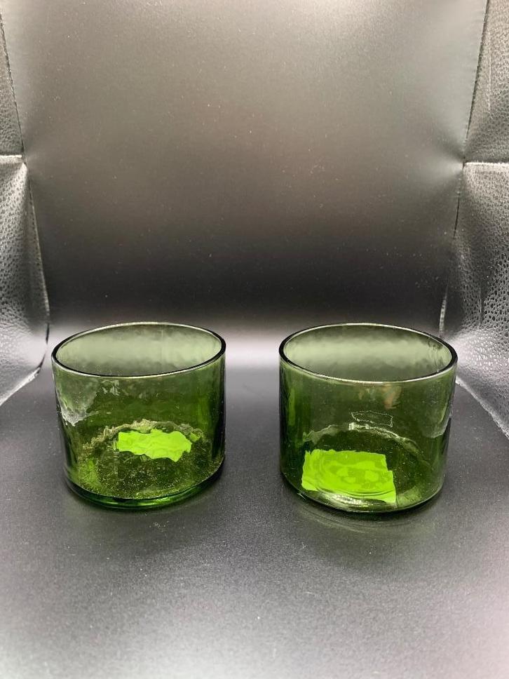 Groene handgemaakte glazen/waxinelichthouders, Antiek en Kunst, Antiek | Glas en Kristal, Ophalen of Verzenden