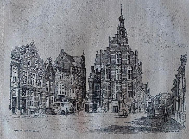 Markt Culemborg  .... H.E. Roodenburg  ...., Antiek en Kunst, Kunst | Tekeningen en Foto's, Ophalen of Verzenden