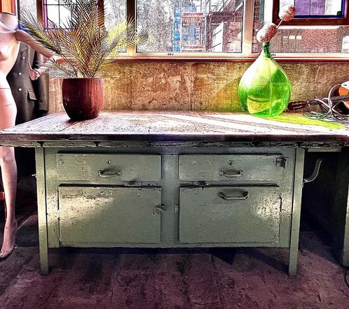 Unieke, robuuste, industriële werkbank, Antiek en Kunst, Curiosa en Brocante, Ophalen
