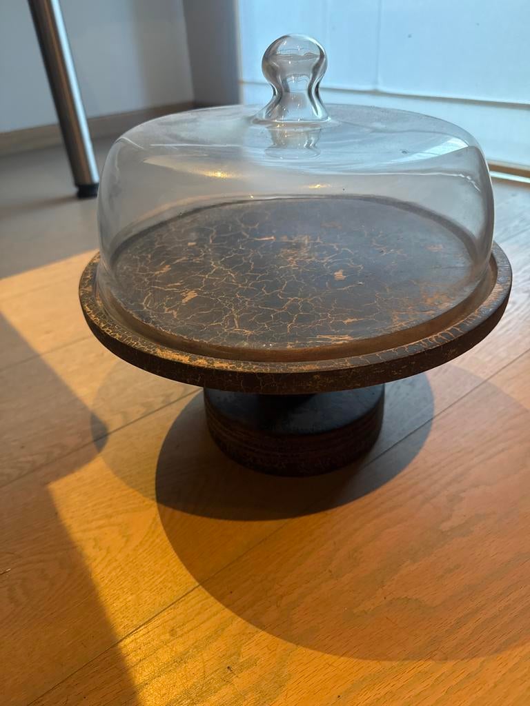 Glazen stolp met houten voet/taartschaal, Ophalen of Verzenden, Zo goed als nieuw