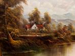 Klassiek olieverf schilderij "Cottage aan de Rivier"., Antiek en Kunst, Kunst | Schilderijen | Klassiek, Ophalen of Verzenden