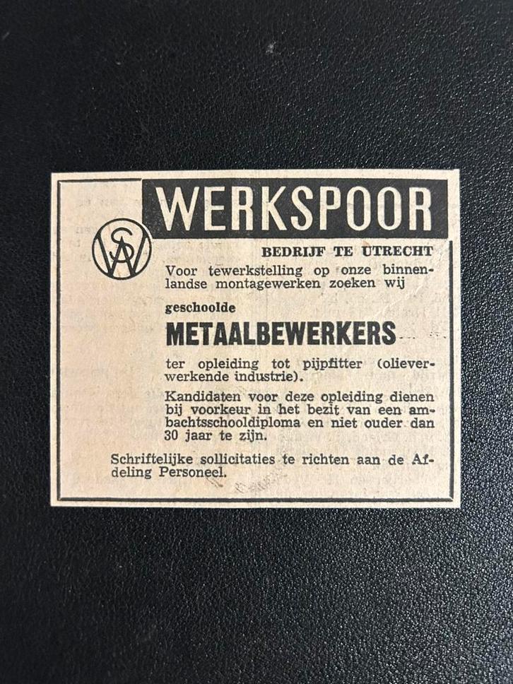 Werkspoor - vacature geschoolde metaalbewerkers (1950), Verzamelen, Spoorwegen en Tramwegen, Gebruikt, Trein, Ophalen of Verzenden