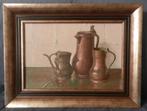 Olieverf Stilleven met tinnen kannen Wim Mühlstaff 24x35 cm., Ophalen of Verzenden