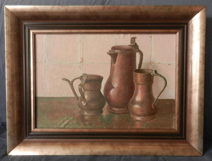 Olieverf Stilleven met tinnen kannen Wim Mühlstaff 24x35 cm., Antiek en Kunst, Kunst | Schilderijen | Klassiek, Ophalen of Verzenden