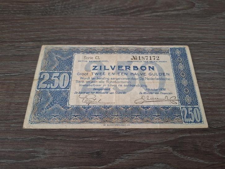Biljet 2,5 gulden 1938, zilverbon, Postzegels en Munten, Bankbiljetten | Nederland, Ophalen of Verzenden