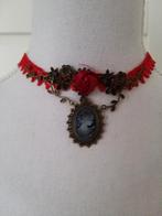 Rode kanten choker ketting met camee hanger, Overige materialen, Verstelbaar, Nieuw, Ophalen of Verzenden