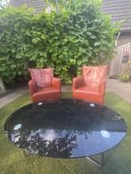 Te koop 2x fauteuil echte leer  met glastafel, Ophalen, Zo goed als nieuw, Leer