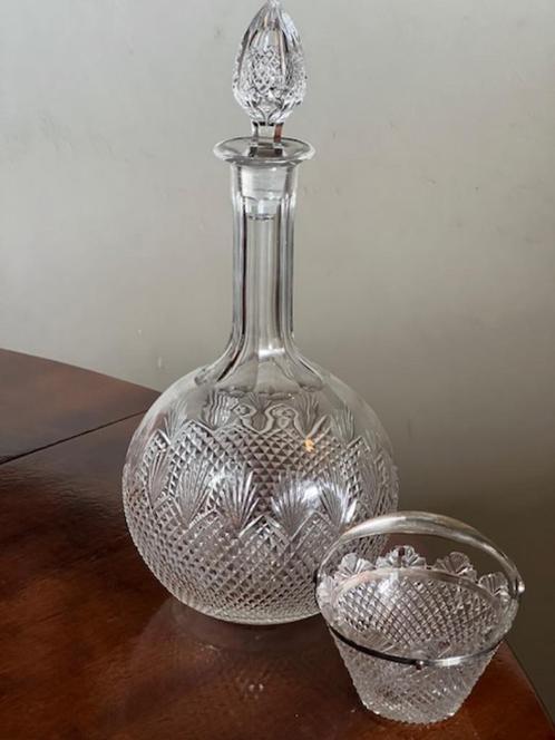 KARAF, AMANDELBAKJE (HENGSEL ZILVER) IN DIAMANT/WAAIER, Antiek en Kunst, Antiek | Glas en Kristal, Verzenden