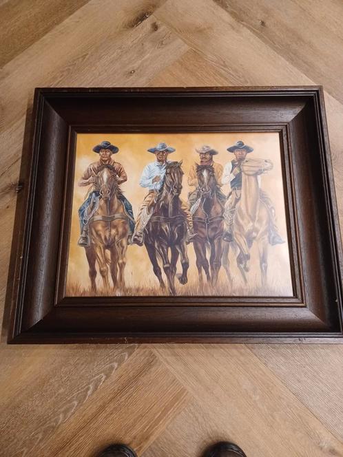 Grote Western/Cowboy afbeelding in stoere houten lijst, Huis en Inrichting, Woonaccessoires | Lijsten, Gebruikt, Minder dan 50 cm