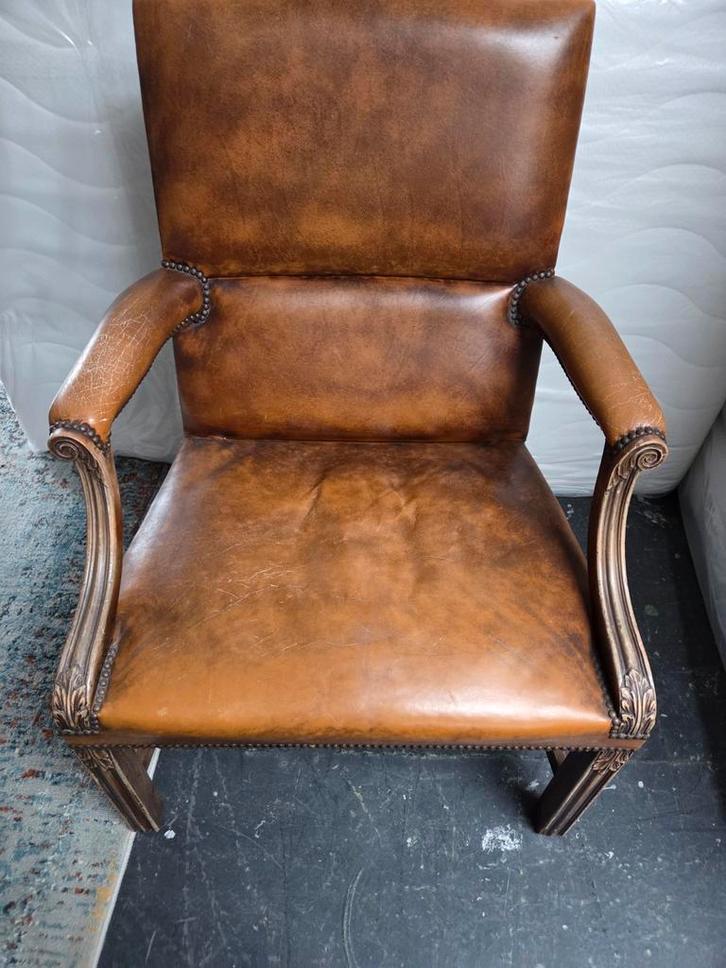 Cognac leren fauteuil, Huis en Inrichting, Fauteuils, Gebruikt, Leer, Ophalen