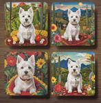 Westie Frida Kahlo onderzetters met houder, Huis en Inrichting, Woonaccessoires | Onderzetters, Ophalen of Verzenden, Nieuw, Glas of Kopje