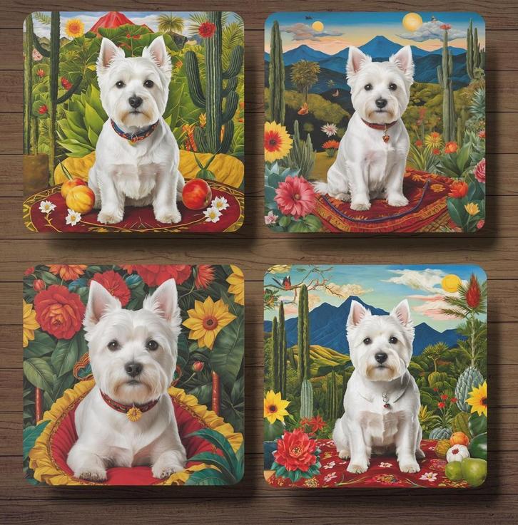 Westie Frida Kahlo onderzetters met houder, Huis en Inrichting, Woonaccessoires | Onderzetters, Nieuw, Glas of Kopje, Ophalen of Verzenden