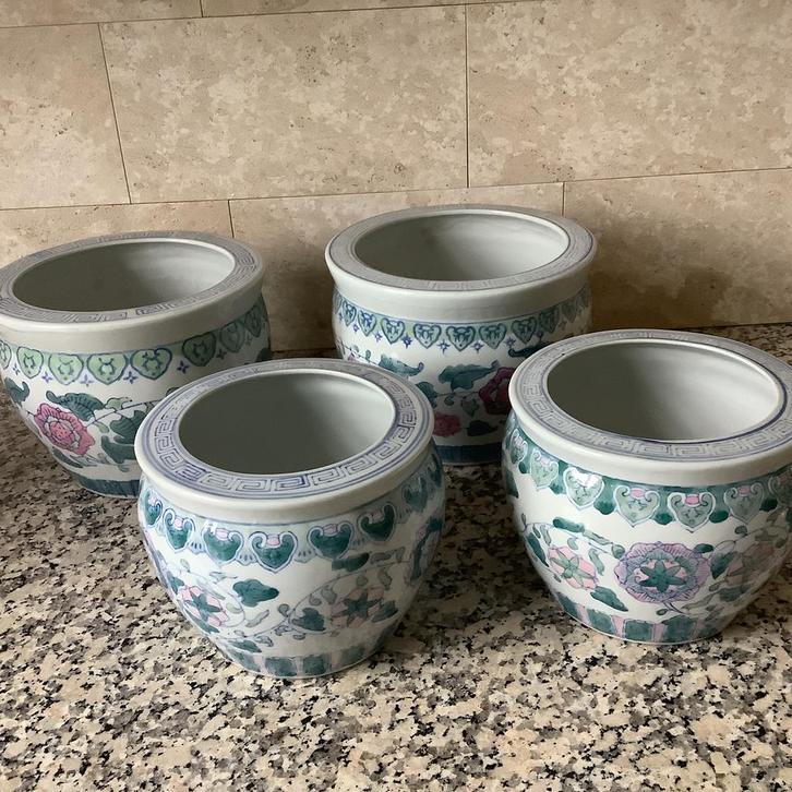 4 Chinese Bloempotten ., Tuin en Terras, Bloempotten, Gebruikt, Aardewerk, Rond, Ophalen of Verzenden