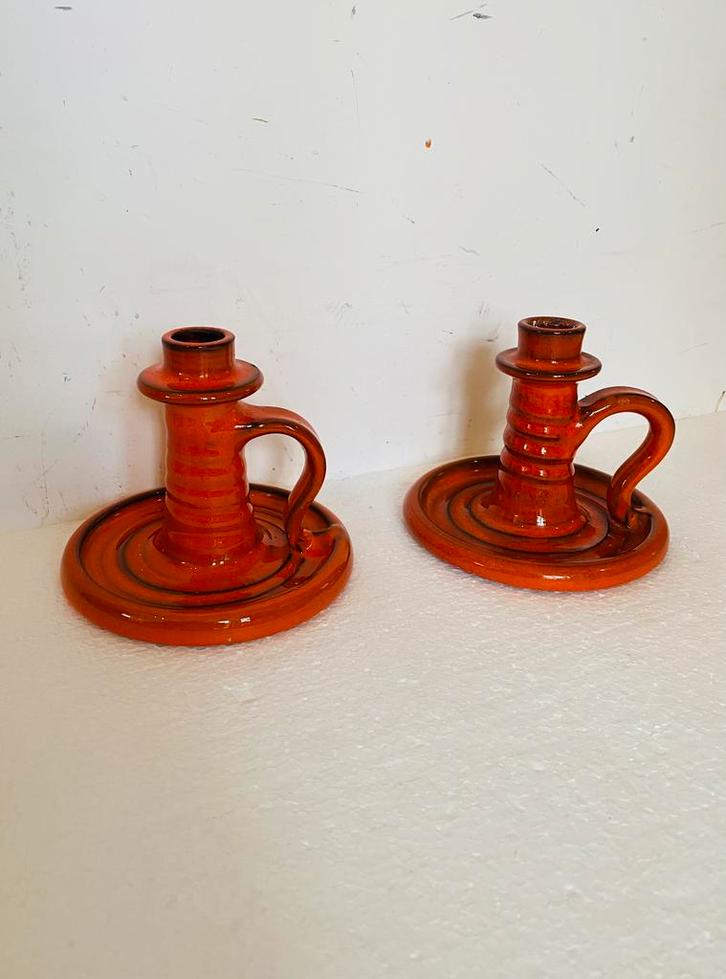 Ravelli set oranje keramiek kandelaars (2) jaren 70, Huis en Inrichting, Woonaccessoires | Kandelaars en Kaarsen, Gebruikt, Kandelaar