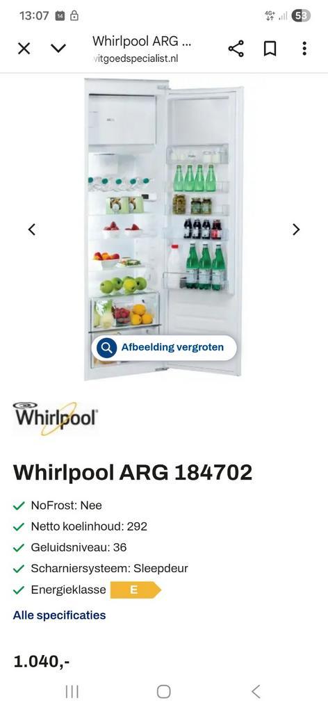 Whirlpool Inbouw Koelkast Vriesvak 178 cm / bezorgen  /, Witgoed en Apparatuur, Koelkasten en IJskasten, Zo goed als nieuw, Met vriesvak