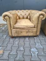 Stoere Chesterfield club fauteuil oud groen leer + BEZORGING, Huis en Inrichting, Fauteuils, Ophalen of Verzenden, Gebruikt, Leer