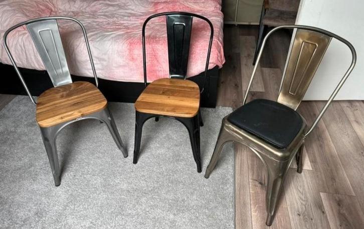 Set van 3 industriële eetkamerstoelen hout & metaal, Huis en Inrichting, Stoelen, Zo goed als nieuw, Zwart, Ophalen