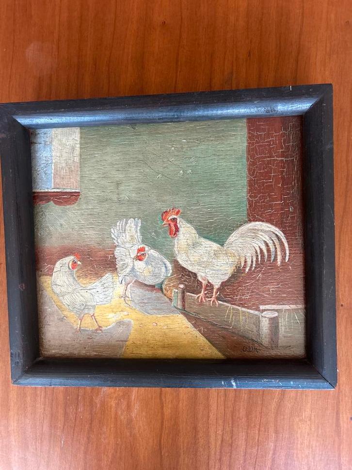 Olieverf schilderij: Kippen en Haan, begin 20e eeuw, Antiek en Kunst, Kunst | Schilderijen | Klassiek, Ophalen of Verzenden