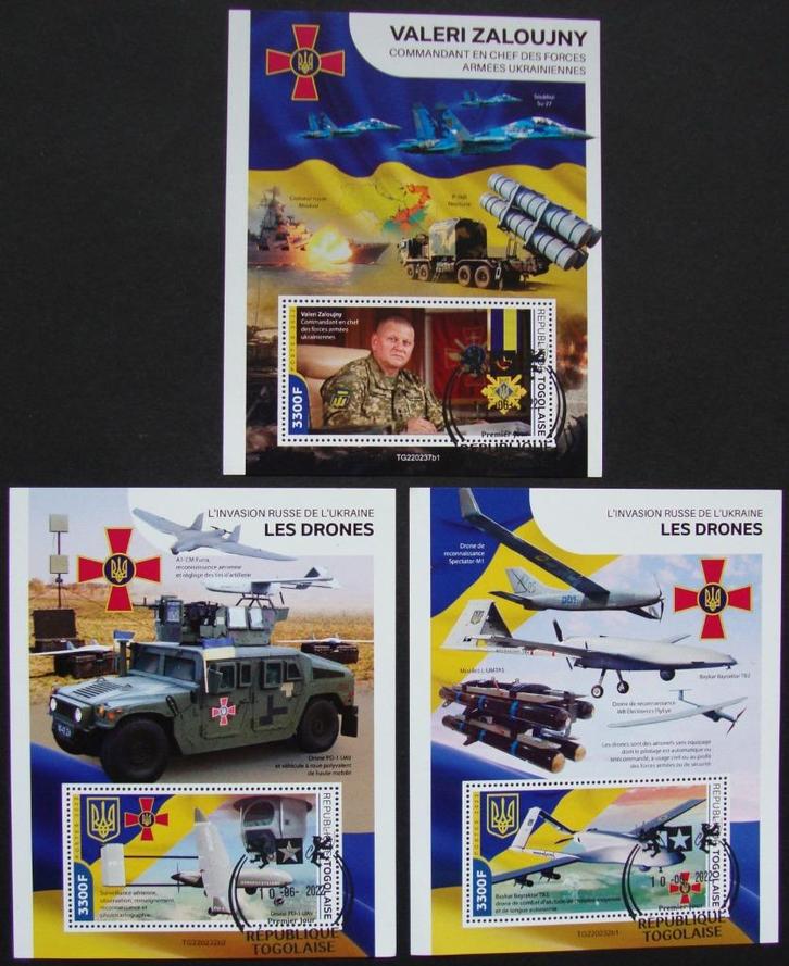 - 428 - 3 Blokken, met Ukrainer Commedant ., Postzegels en Munten, Postzegels | Thematische zegels, Gestempeld, Vliegtuigen, Verzenden