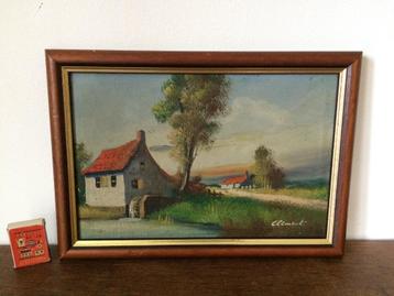 Rustiek wit huisje met rood pannendak & waterrad landschap beschikbaar voor biedingen