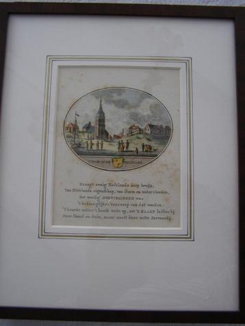 gravure 18e eeuw Scheveningen(ZH)  ingelijst en handgekleurd beschikbaar voor biedingen