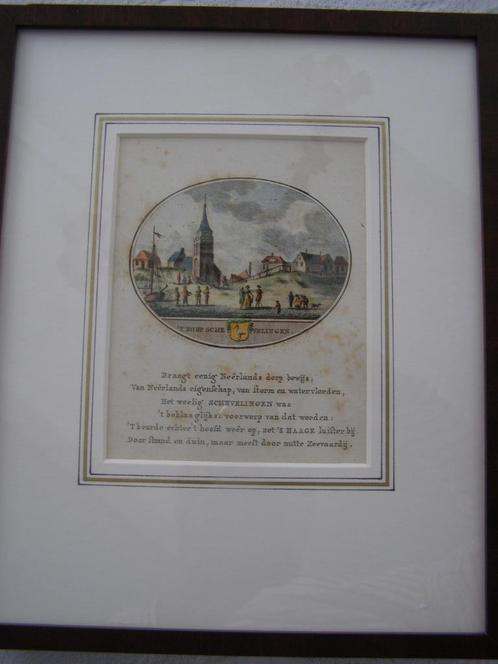 gravure 18e eeuw Scheveningen(ZH)  ingelijst en handgekleurd, Antiek en Kunst, Kunst | Etsen en Gravures, Ophalen of Verzenden