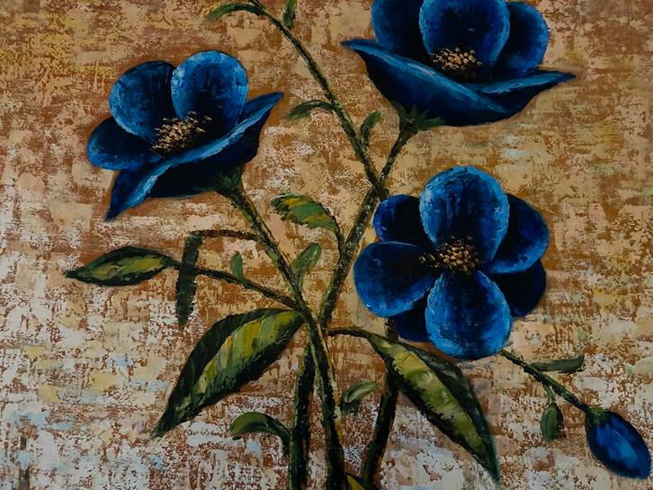 Olieverf Schilderij - Blauwe Bloemen, Huis en Inrichting, Woonaccessoires | Schilderijen, Tekeningen en Foto's, Ophalen