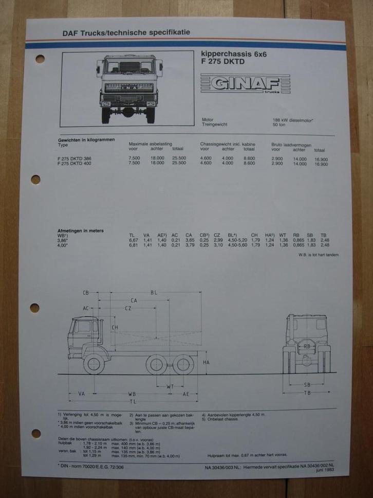 GINAF F275 DKTD Technische Specificatie Folder 1983 – 6x6, Boeken, Auto's | Folders en Tijdschriften, Zo goed als nieuw, Overige merken