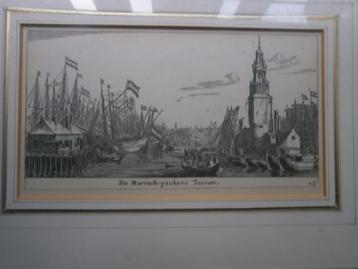 Amsterdam, Gravure v/d Haringpakkerstoren in mooi lijstje beschikbaar voor biedingen