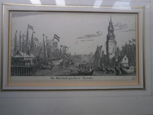 Amsterdam, Gravure v/d Haringpakkerstoren in mooi lijstje, Antiek en Kunst, Kunst | Etsen en Gravures, Ophalen of Verzenden