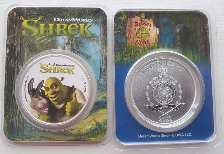Zilveren 1 oz Dream Works Shrek 2021 gekleurd in Essay Cart., Postzegels en Munten, Munten | Oceanië, Losse munt, Zilver, Ophalen of Verzenden