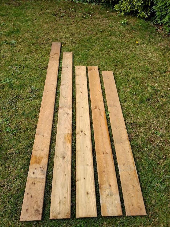 5 stuks geimpregneerde planken 1.8 x 14,5 cm  t.e.a.b., Tuin en Terras, Palen, Balken en Planken, Zo goed als nieuw, Planken, 180 tot 250 cm