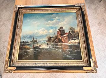 Sfeervol Hollands winters schilderij op hout beschikbaar voor biedingen