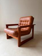 Vintage lounge stoel teakhout leer jaren 60, Ophalen of Verzenden, Gebruikt, Hout, Midcentury