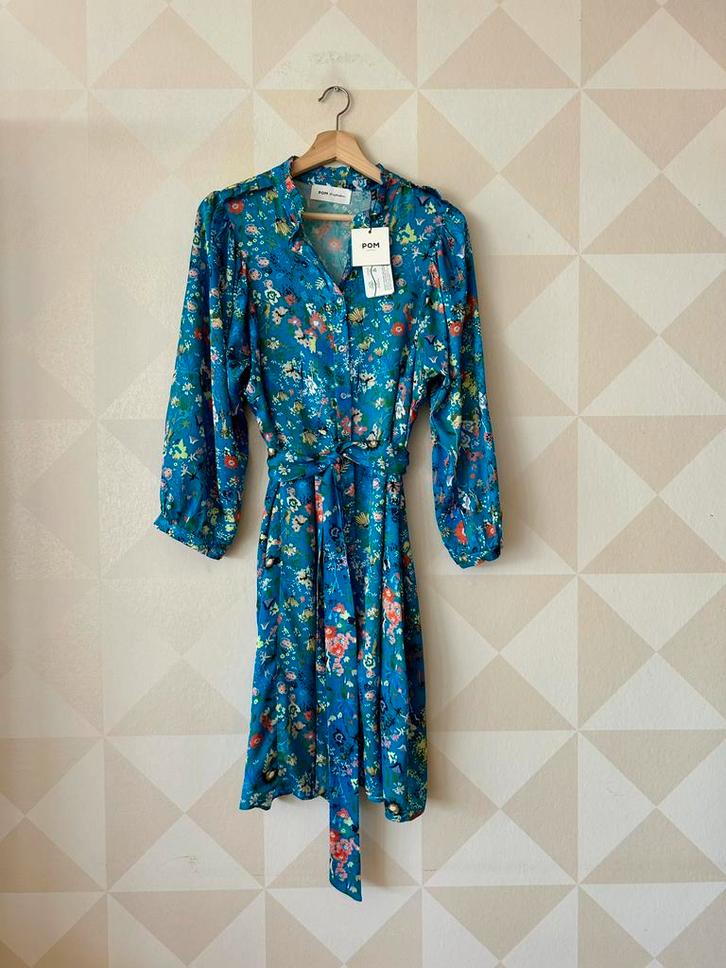 Pom Amsterdam jurk blauw bloem L/40 NIEUW, Kleding | Dames, Jurken, Nieuw, Maat 42/44 (L), Blauw, Knielengte, Ophalen of Verzenden