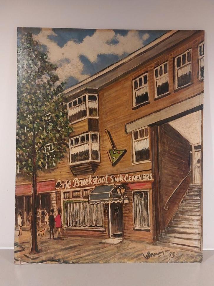 W. Meijer - Café Broeksloot Den Haag (1975), Antiek en Kunst, Kunst | Schilderijen | Klassiek, Ophalen of Verzenden