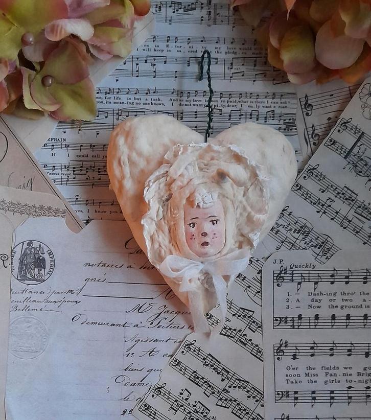 Prachtige brocante wattenpop Hartje konijn Pasen Spuncotton, Diversen, Pasen, Ophalen of Verzenden