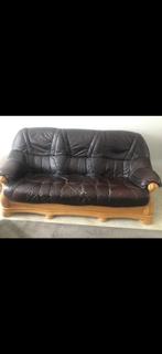 Bankstel 3-zits en 2-zits donkerbruin echt leer en eikenhout, Ophalen, Gebruikt, 150 tot 200 cm, Driepersoons