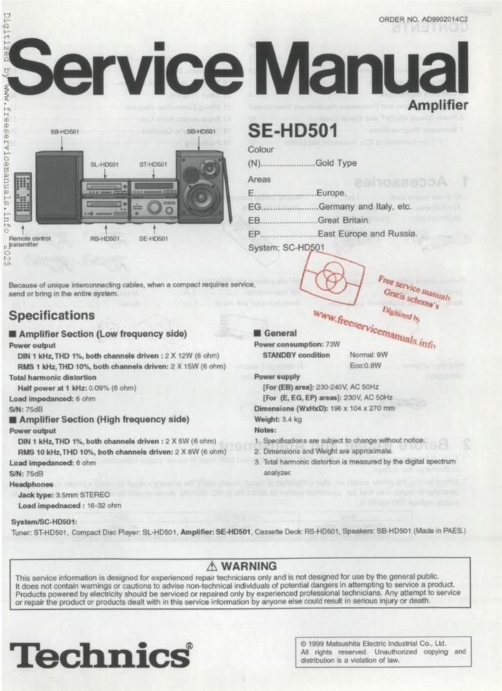 Technics, Originele service manual se-hd501, Hobby en Vrije tijd, Elektronica-componenten, Gebruikt, Ophalen of Verzenden