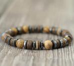 Stoere heren armband fossil stone en hematiet, Ophalen of Verzenden, Nieuw, Bruin, Overige materialen
