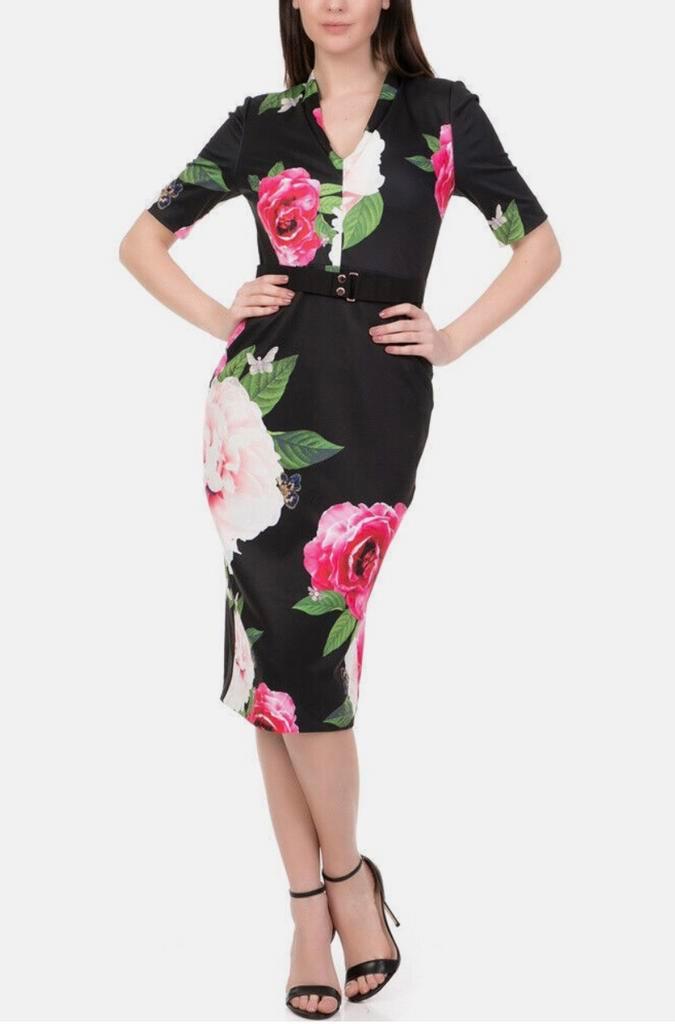 Ted Baker luxe jurk zwart/bloemenprint mooie details Ted2=36, Kleding | Dames, Jurken, Zo goed als nieuw, Maat 36 (S), Overige kleuren