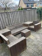 Houten bank tuin (eventueel incl. Zwarte kussens op maat), Gebruikt, Ophalen of Verzenden, Hout