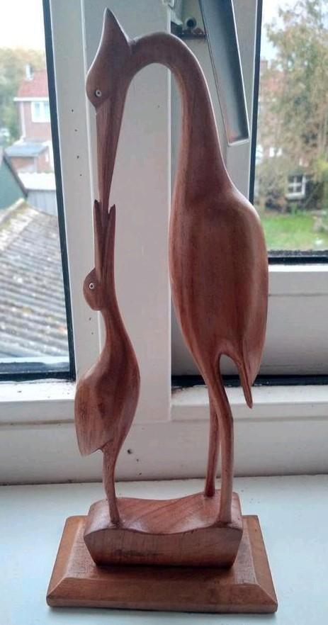 Vintage Houten beeldje reigers, Antiek en Kunst, Kunst | Beelden en Houtsnijwerken, Ophalen of Verzenden