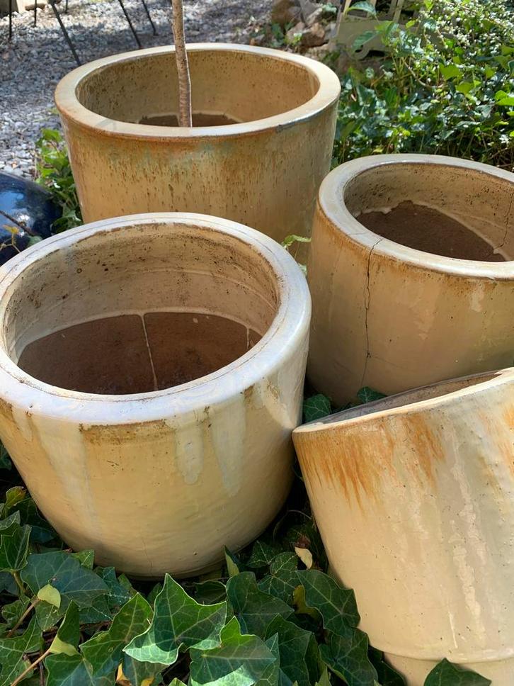 Geglazuurde Bloempotten Set - Lichtgeel, Tuin en Terras, Bloembakken en Plantenbakken, Gebruikt, Steen, Binnen, Balkon, Tuin, 30 tot 60 cm