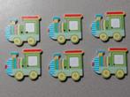 6 houten knoopjes 'locomotief' trein groen/blauw, Ophalen of Verzenden