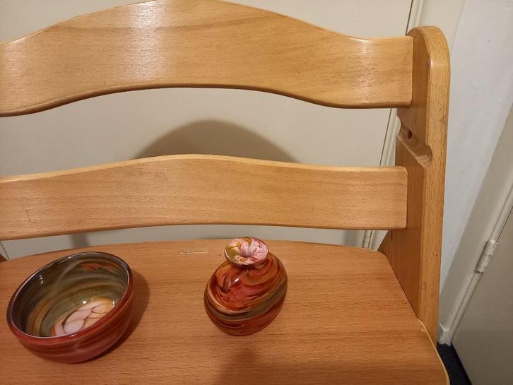 Vaasje en schaaltje van gemarmerd glas, Antiek en Kunst, Antiek | Glas en Kristal, Ophalen of Verzenden