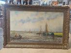 Schilderij met boten in brocante lijst, Ophalen of Verzenden