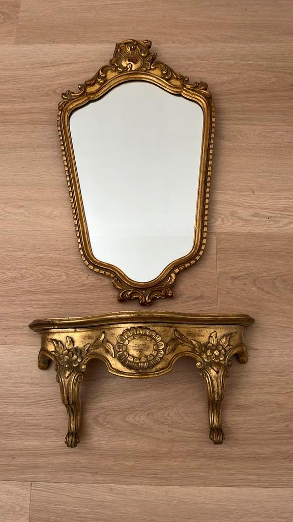 Barok goudkleurige kuifspiegeltje met planchetje, Antiek en Kunst, Antiek | Spiegels, Minder dan 50 cm, Minder dan 100 cm, Ophalen of Verzenden