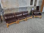 Bruin Leren Design Zithoek by Carl Straub | Bank & Fauteuil, Ophalen of Verzenden, Gebruikt, Hout, Vintage Retro Mid Century Design